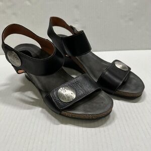 Taos Carousel 3 Shoes Womens Size 8.5 39 Black Leather Slingback Wedge Sandals